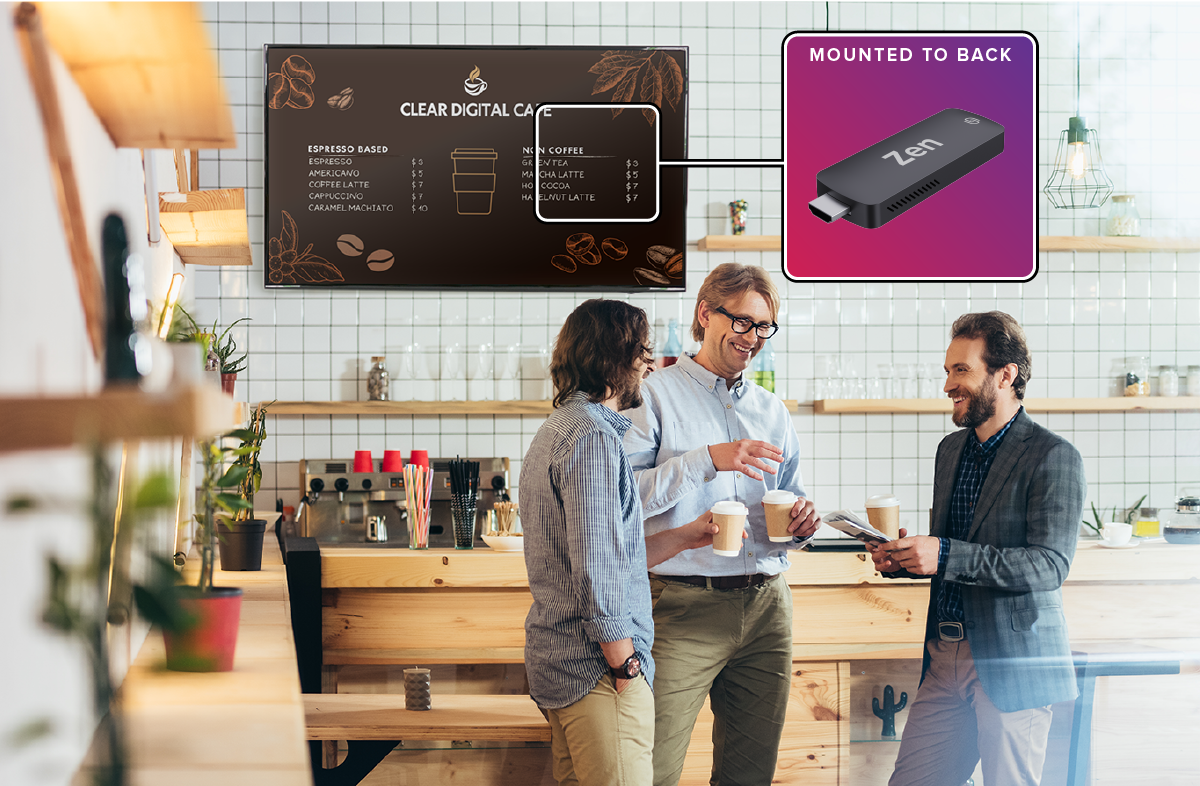 Zen Stick powering a digital menu display in a coffee shop
